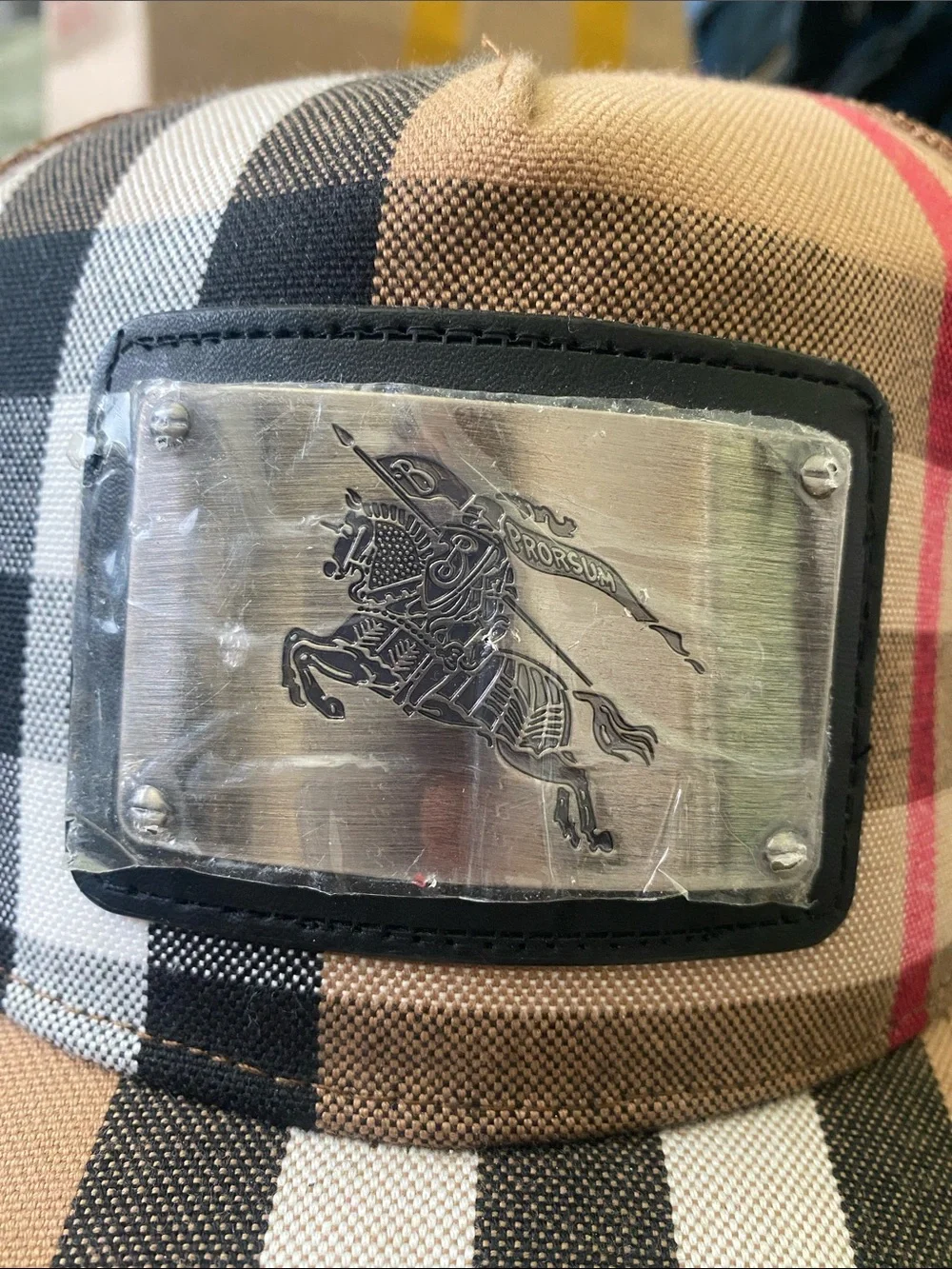 Burberry Beige Black White Plaid Trucker Hat - Picture 3 of 7